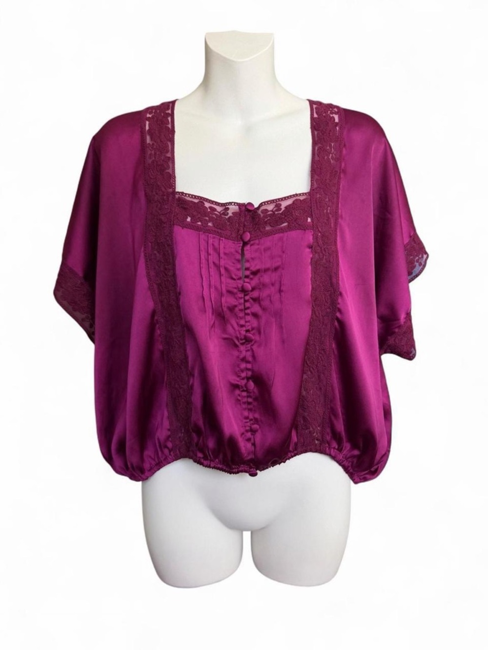 Kimchi Blue Magenta Satin Lace-Trim Short Sleeve Blouse